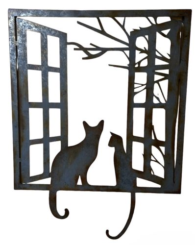 Macskák az ablakban, fém fali dekoráció, 80x60 cm, fekete/antikolt